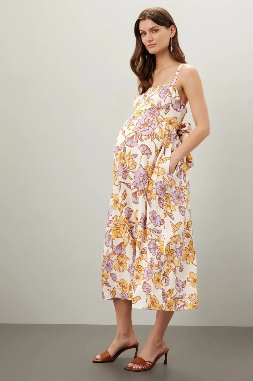 Ripe Maya Tie Back Linen Maternity Dress Size Medium Floral Sleeveless Pockets